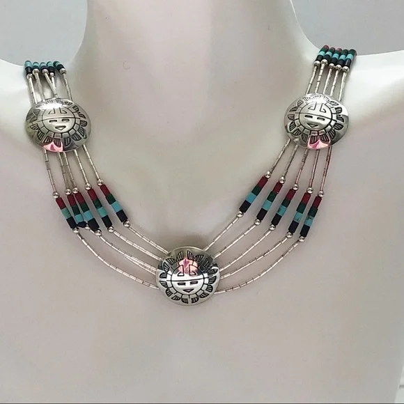 Vintage Native American Sterling Silver Gem Bead Kachina Medallion Necklace